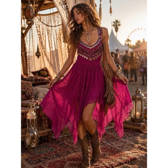 Free People Dresses & Skirts - Free People Beaded Coin Dress Boho Fairycore Whimsigoth Festival Babydoll Gypsy